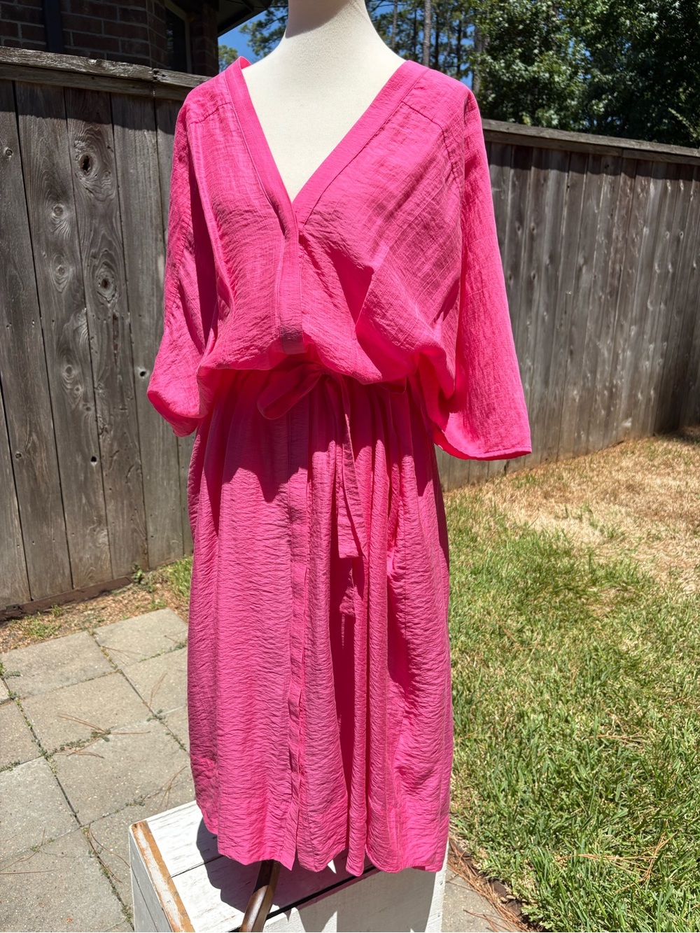 H&M Bright Pink V-Neck Tie-Waist Midi Dress